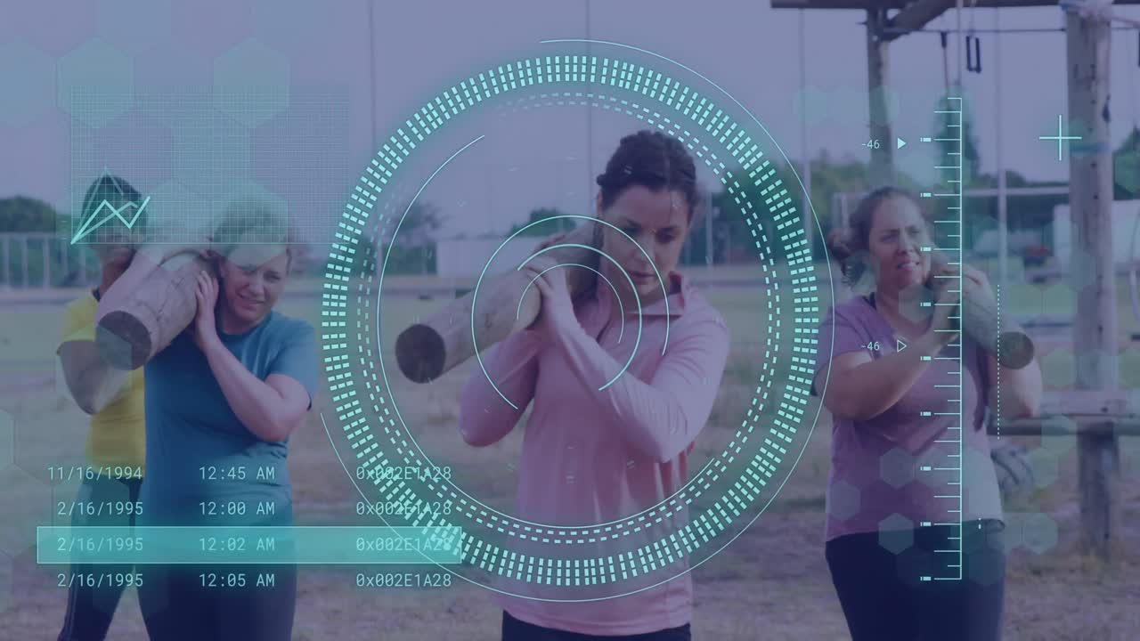 animación del procesamiento de datos sobre diversas mujeres en una carrera de obstáculos llevando barras de madera