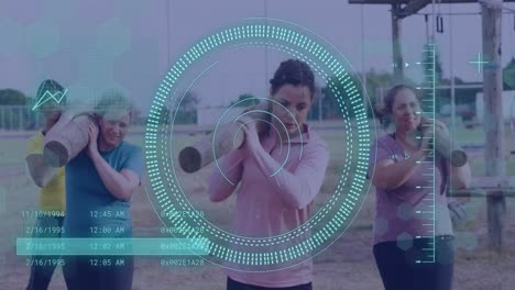 animación del procesamiento de datos sobre diversas mujeres en una carrera de obstáculos llevando barras de madera