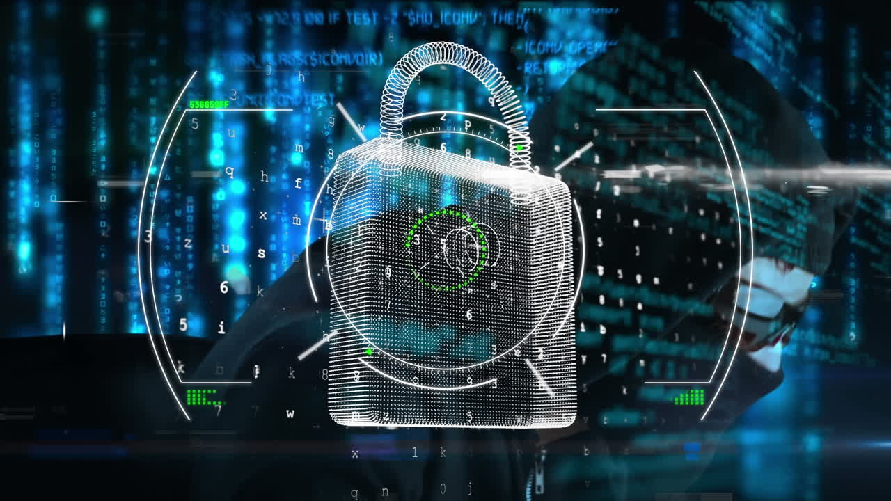 Animation of padlock, scope and data processing over hacker with laptop