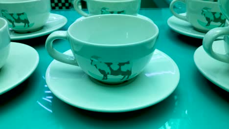 blue color concept of catering culture, hong kong milk tea, empty tea cup display