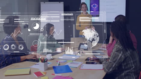 team members reviewing ui design in office with laptops, holographic charts overlaying