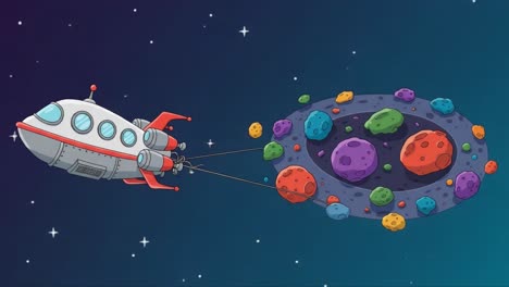 a colorful cartoon spaceship navigating through a vibrant asteroid field full of multicolored celestial bodies, set against a deep space background