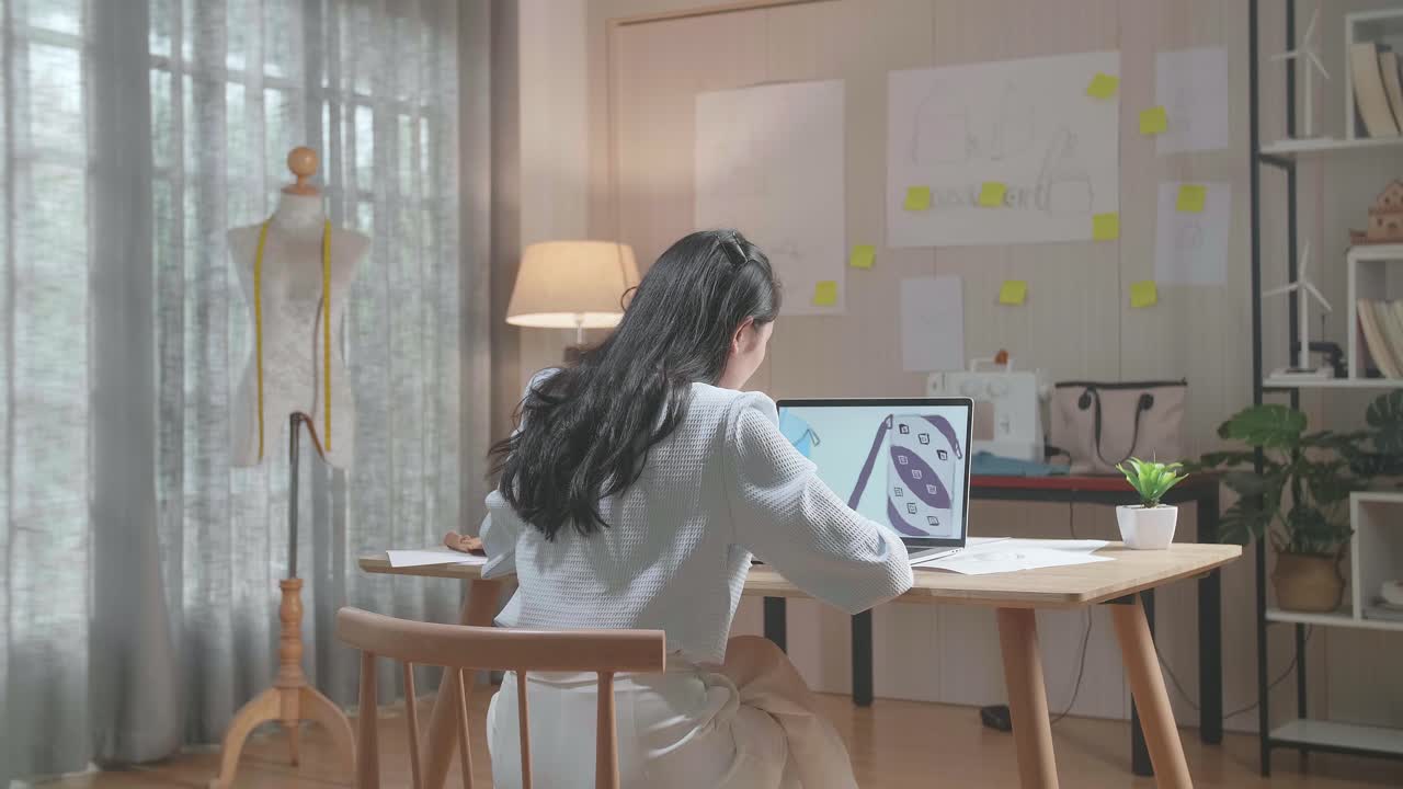 사무실에서 가방을 디자인하는 데 노트북을 사용하는 레이아웃 본드와 직물이 있는 여성 가방 디자이너의 뒷면