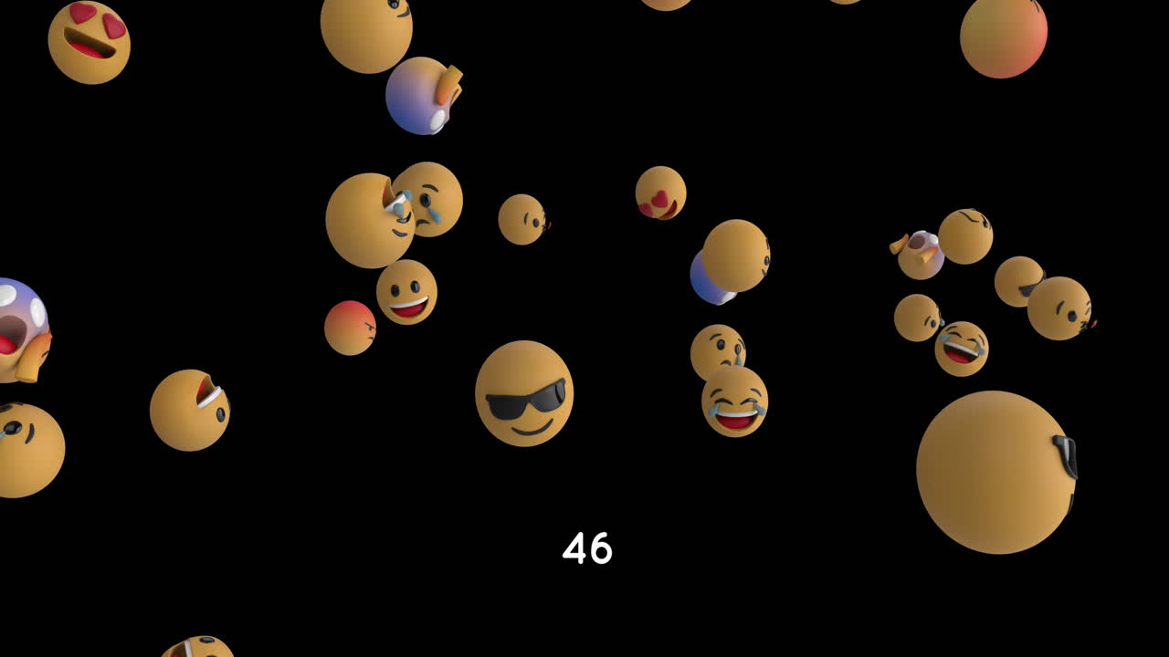 Digital animation of increasing numbers over multiple face emojis floating against black background