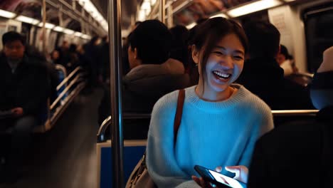 woman laughing on subway