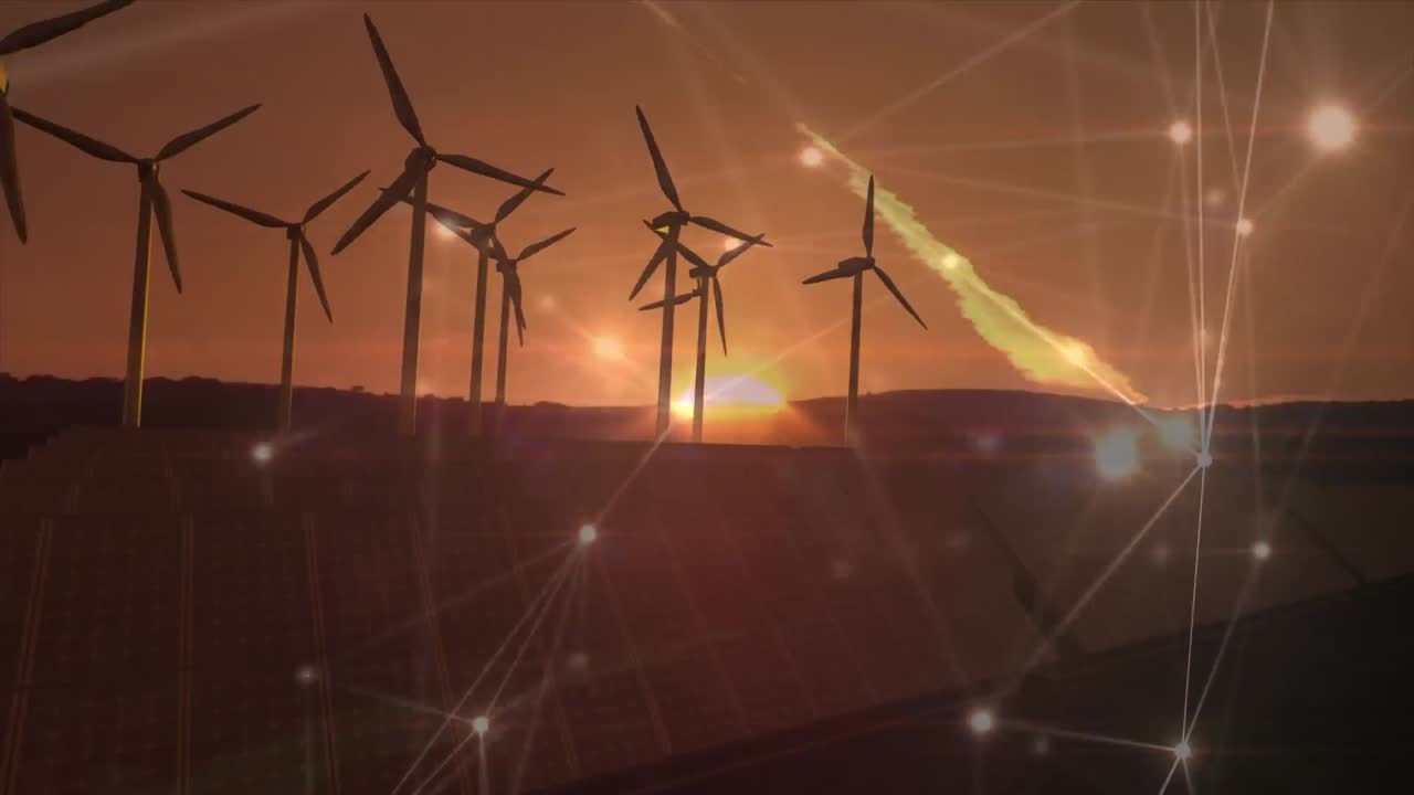 анимация сети соединений через ветровые турбины