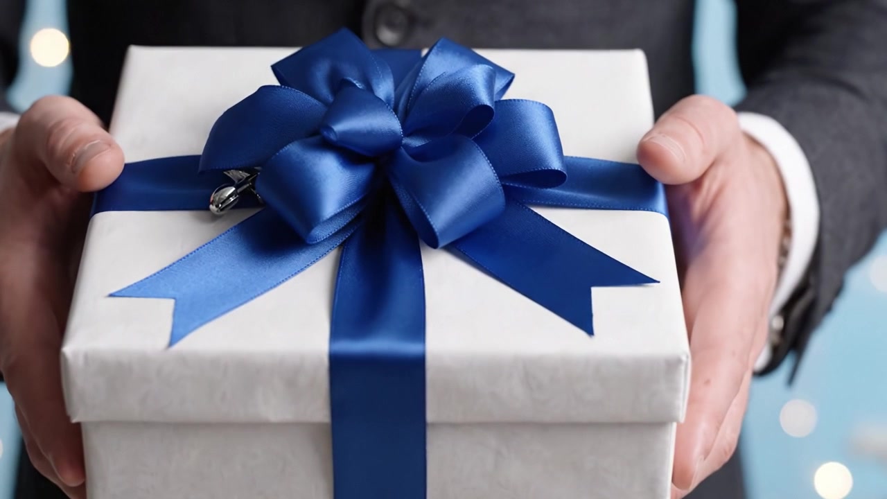 A Person Presenting a Beautifully Wrapped Gift Box, Accentuated by a Stunning Blue Bow, Ideal for Celebrations or Special Occasions.