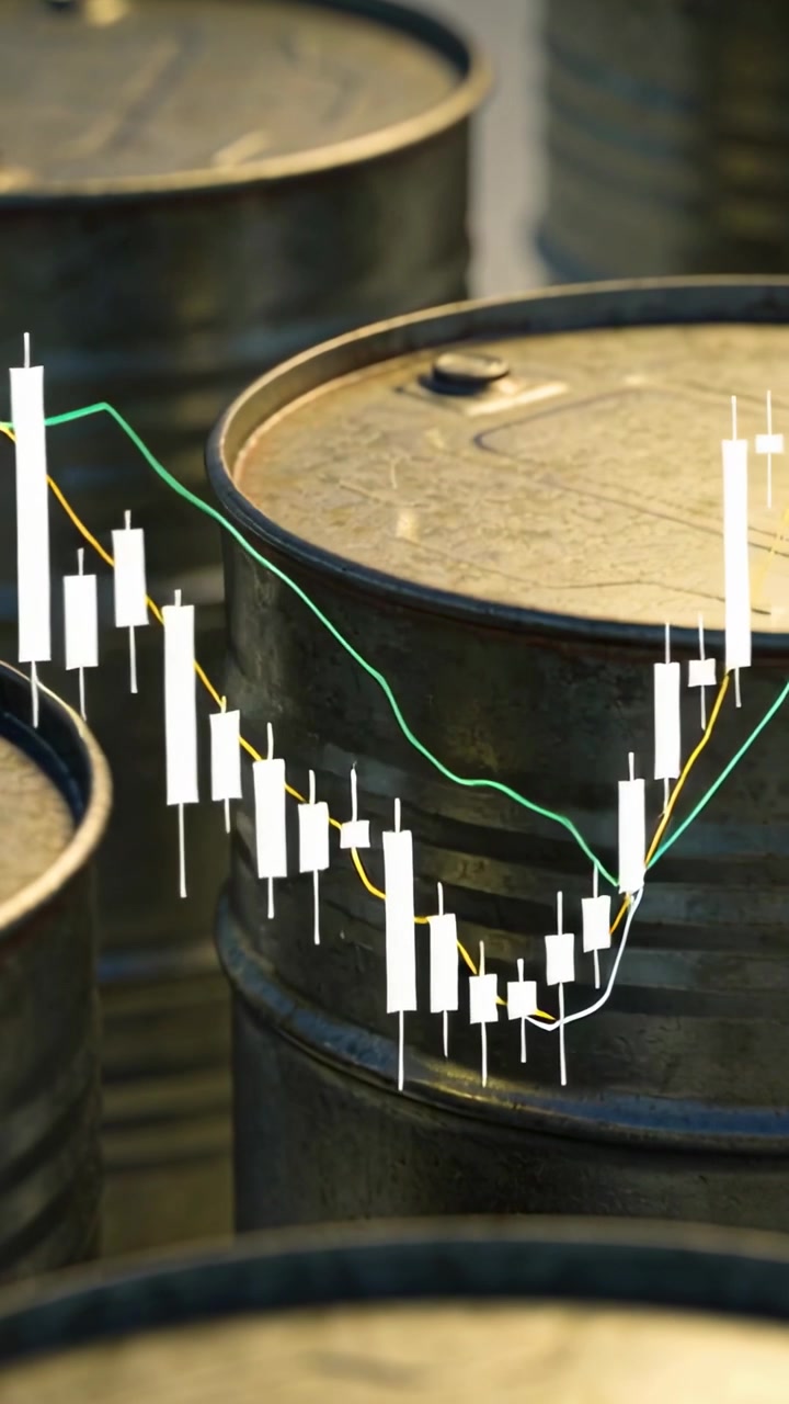 Vertikales Video: Zeigt einen Kerzenchart, der fällt, einen Boden bildet und sich dann über Metallfässern erholt