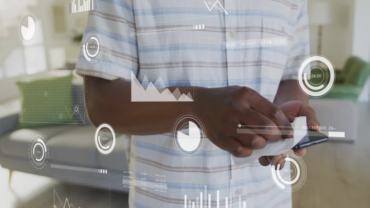 Animation of data processing over african american man celaning his smartphone