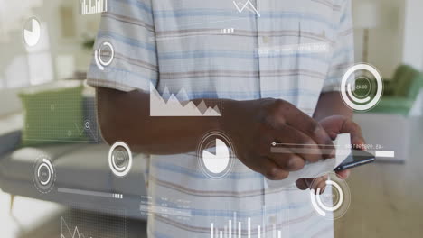 animation of data processing over african american man celaning his smartphone