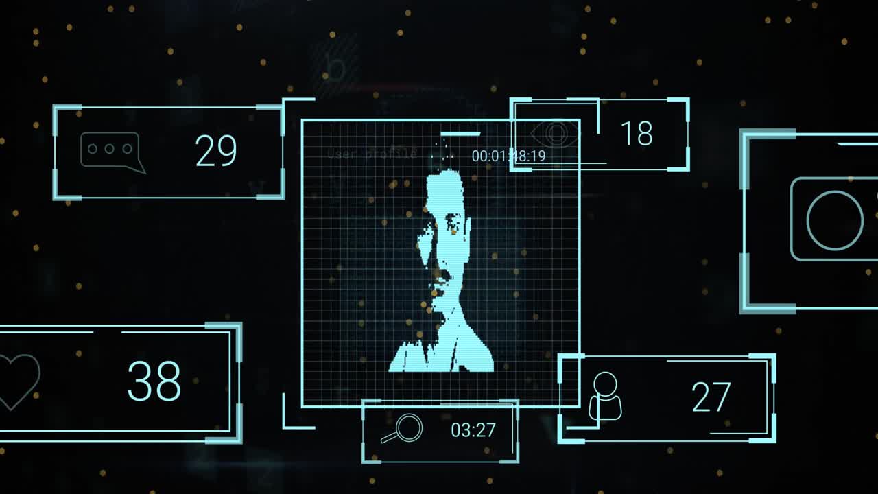animación de múltiples iconos de perfil con procesamiento de datos contra manchas amarillas sobre fondo negro