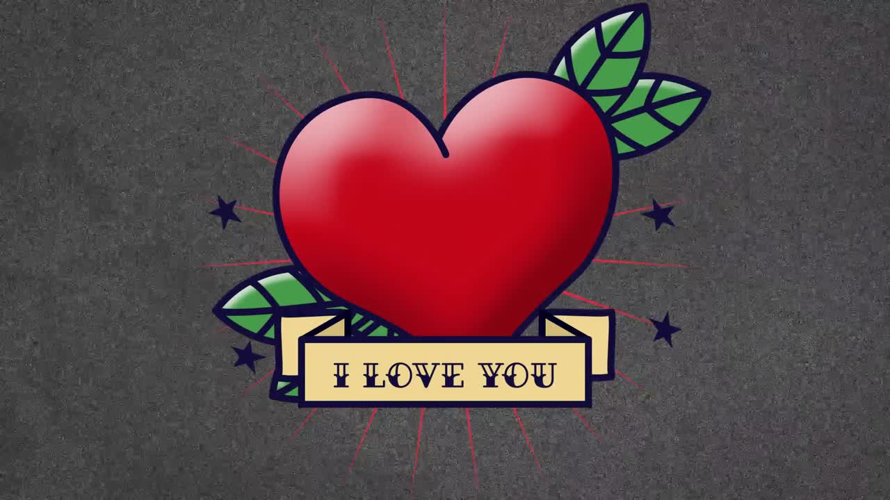 Sfondo grigio, cuore che emerge e foglie che si ingrandiscono, stelle che entrano, banner che mostra la scritta TI AMO invertita
