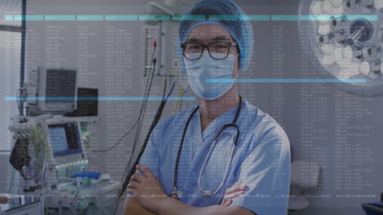 Animation of data processing over asian male surgeon with face mask