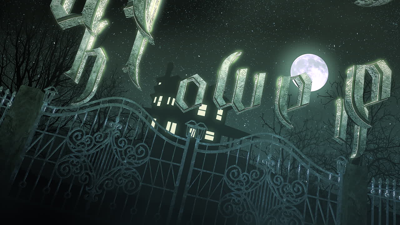 집과 달이 있는 애니메이션 텍스트 해피 할로윈과 신비로운 공포 배경
