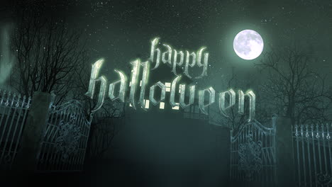 texto de animación feliz halloween y fondo de terror místico con la casa y la luna