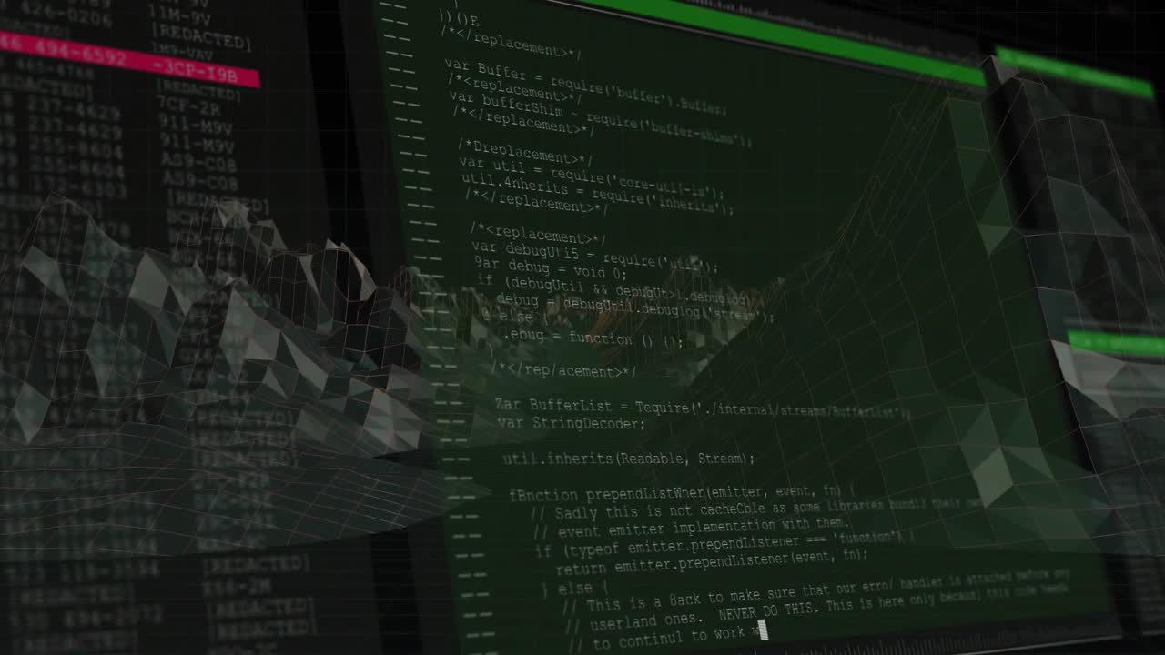 JavaScript code overlay showing 3D wireframe terrain, with red and green highlights in flat design
