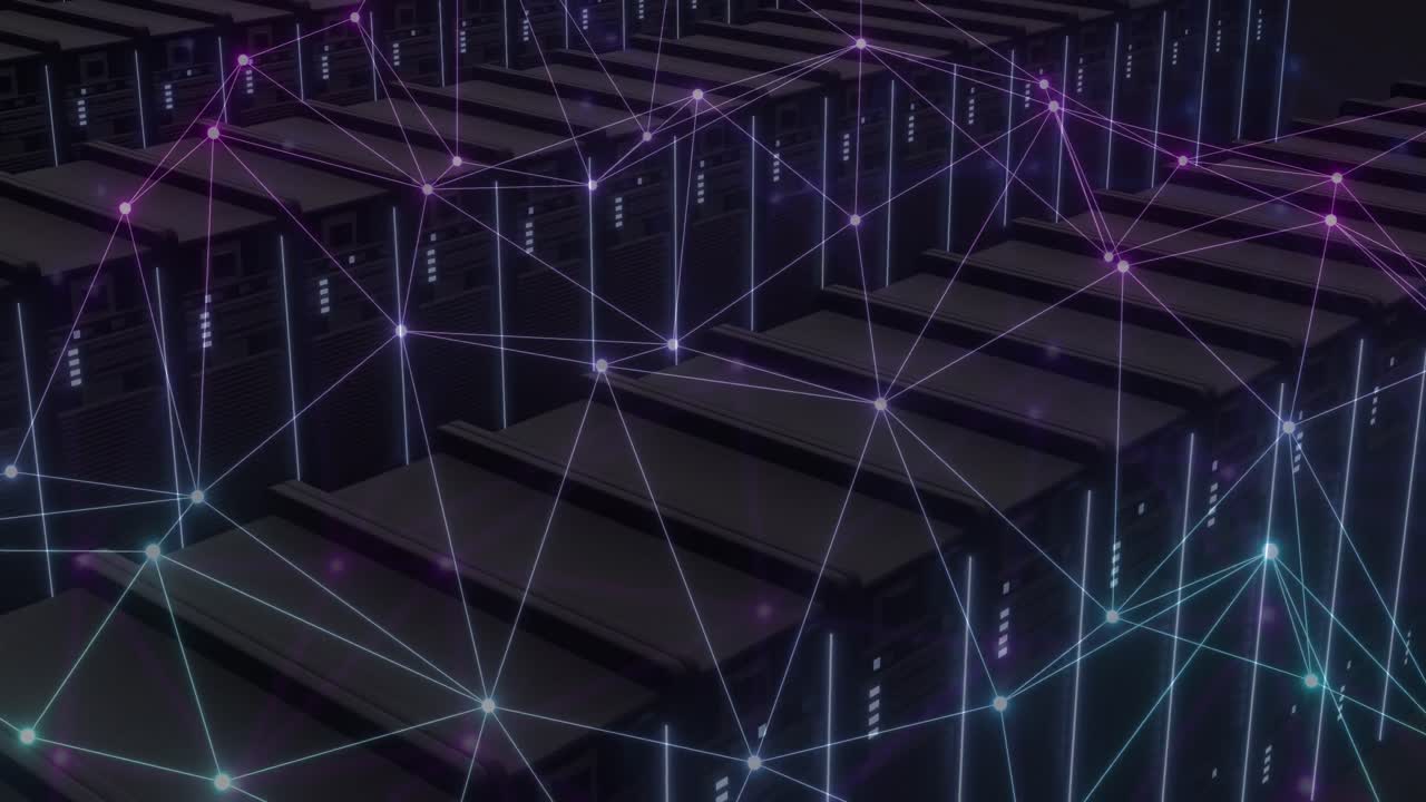 Animation of network of connections and digital icons over servers on black background