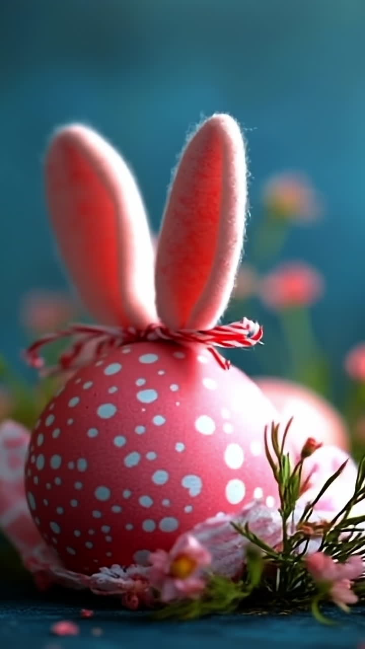 Easter egg with bunny ears. A pink Easter egg adorned with bunny ears is surrounded by pink flowers and greenery during springtime.