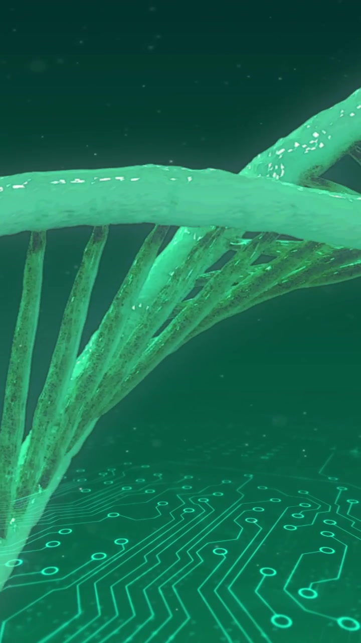 Animazione di elica di DNA che ruota su motivi di circuiti elettronici su sfondo astratto