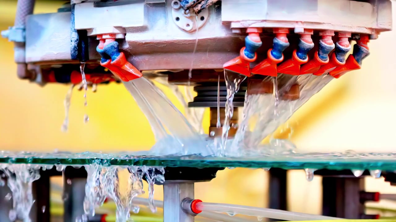 Water cooling process on glass cutting machine with flowing jets closeup