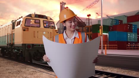 asian female engineer with safety helmet looking at blueprint in her hands and looking around with freight cargo train at port