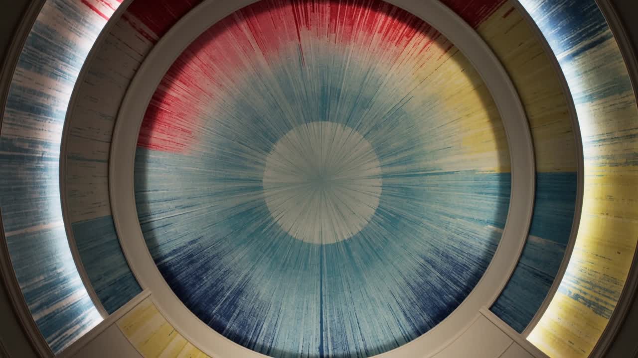 Rotating camera revealing circular dome in rotunda, showing pale central disk and red-yellow bands
