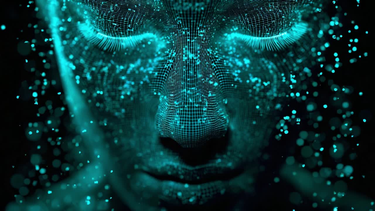 Digital human face with closed eyes meditating as blue glowing particles radiate outward, symbolizing AI, virtual reality and a tranquil metaverse on a black background