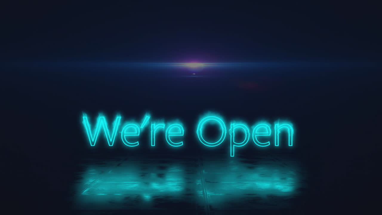 Animation of glowing We're Open text with blue neon light on dark background