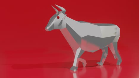 low poly metal bull with red eyes walking on red background, loop, 3d rendering