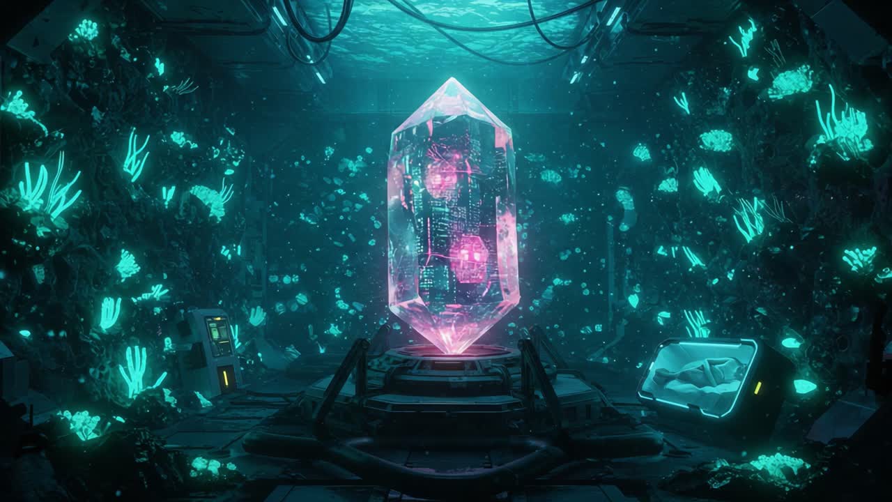 A Vibrant Crystal Prism Illuminates an Underwater Futuristic Environment Filled with Bioluminescent Flora and Advanced Technology in a Sci-Fi Setting