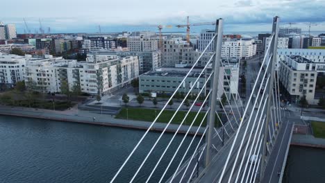 Iconic-cable-towers-of-Crusell-Bridge-in-Helsinki-Finland,-aerial-view