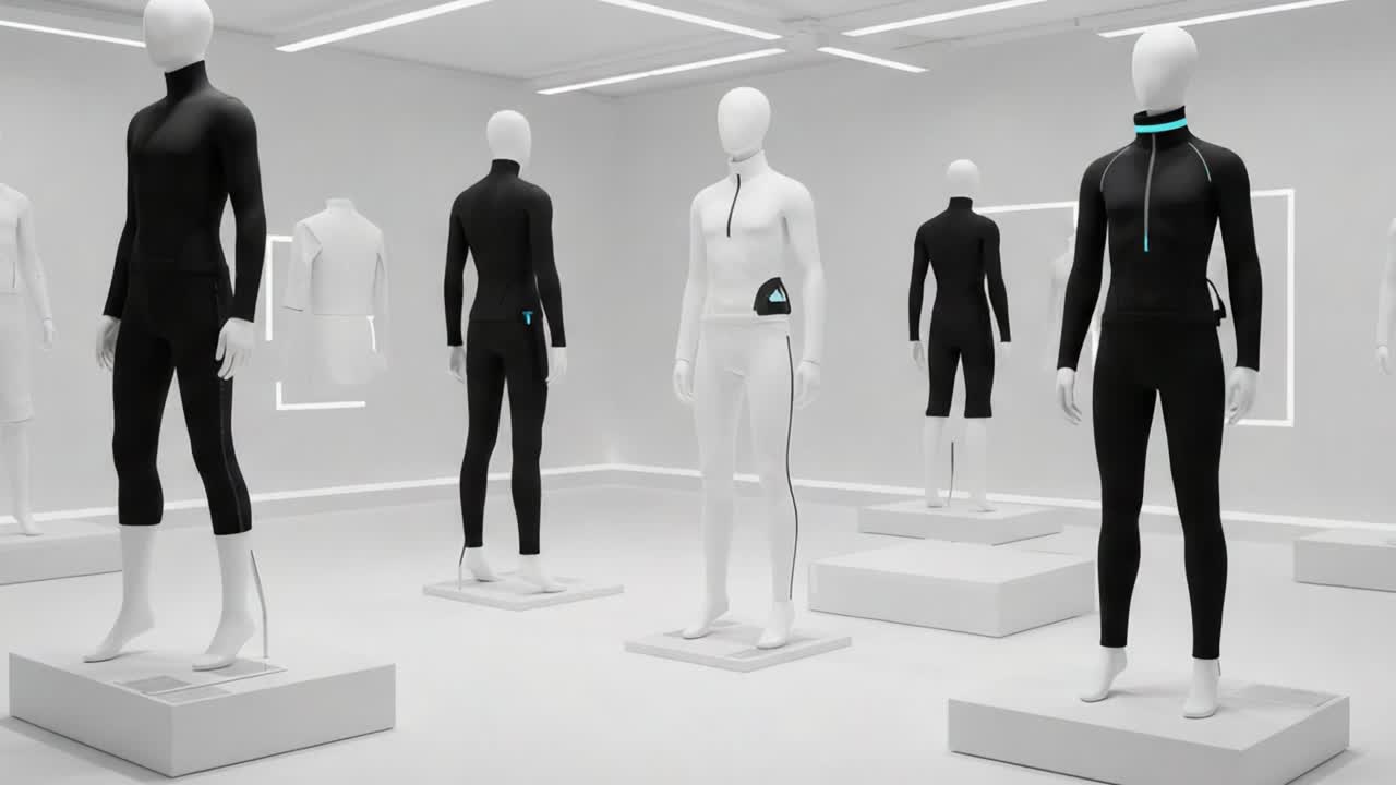 Showcasing Futuristic Athletic Wear: A Modern Display of Versatile Activewear in a Minimalist Environment with Innovatively Designed Outfits for Performance and Style