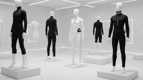 showcasing futuristic athletic wear: a modern display of versatile activewear in a minimalist environment with innovatively designed outfits for performance and style