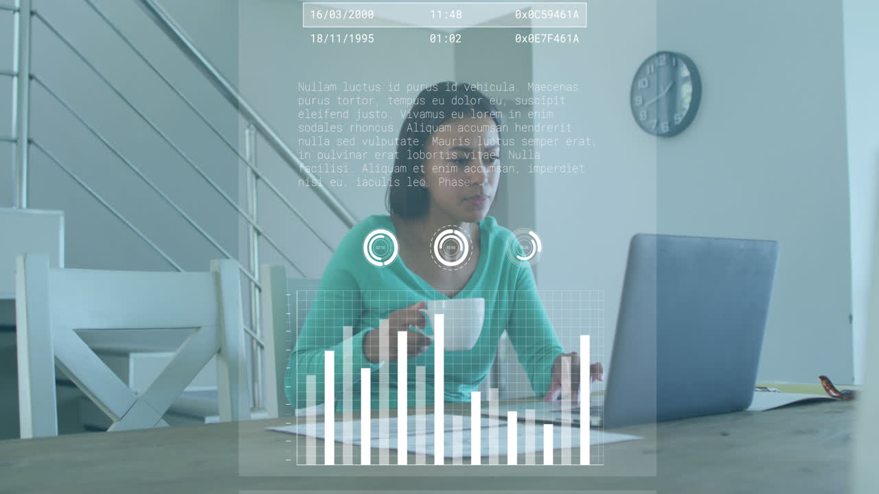 Animation of graphs, loading circles and bars, biracial woman working on laptop and drinking coffee