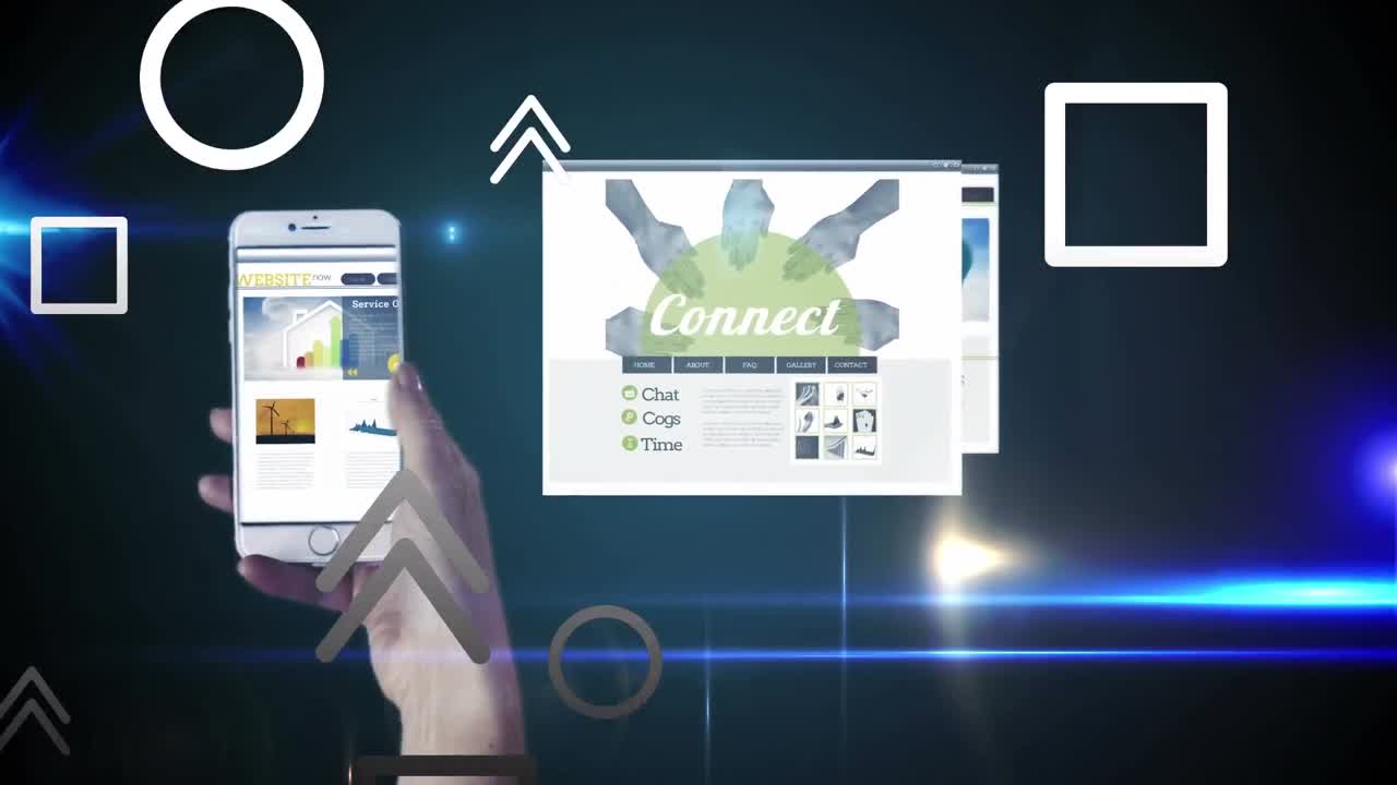 animación de la mano con el teléfono inteligente sobre pantallas digitales.