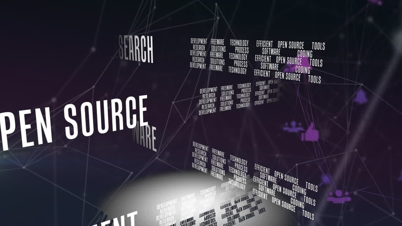 Animation of multiple business concept texts and network of connections against black background