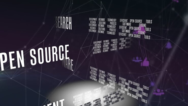 Animation of multiple business concept texts and network of connections against black background