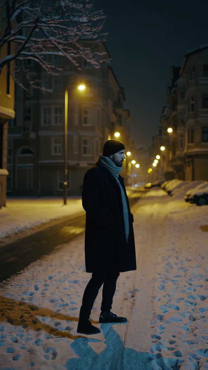 Man Walking in a Snowy City at Night