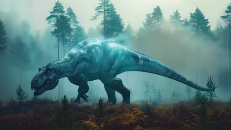 un gran dinosaurio caminando por un bosque en la niebla