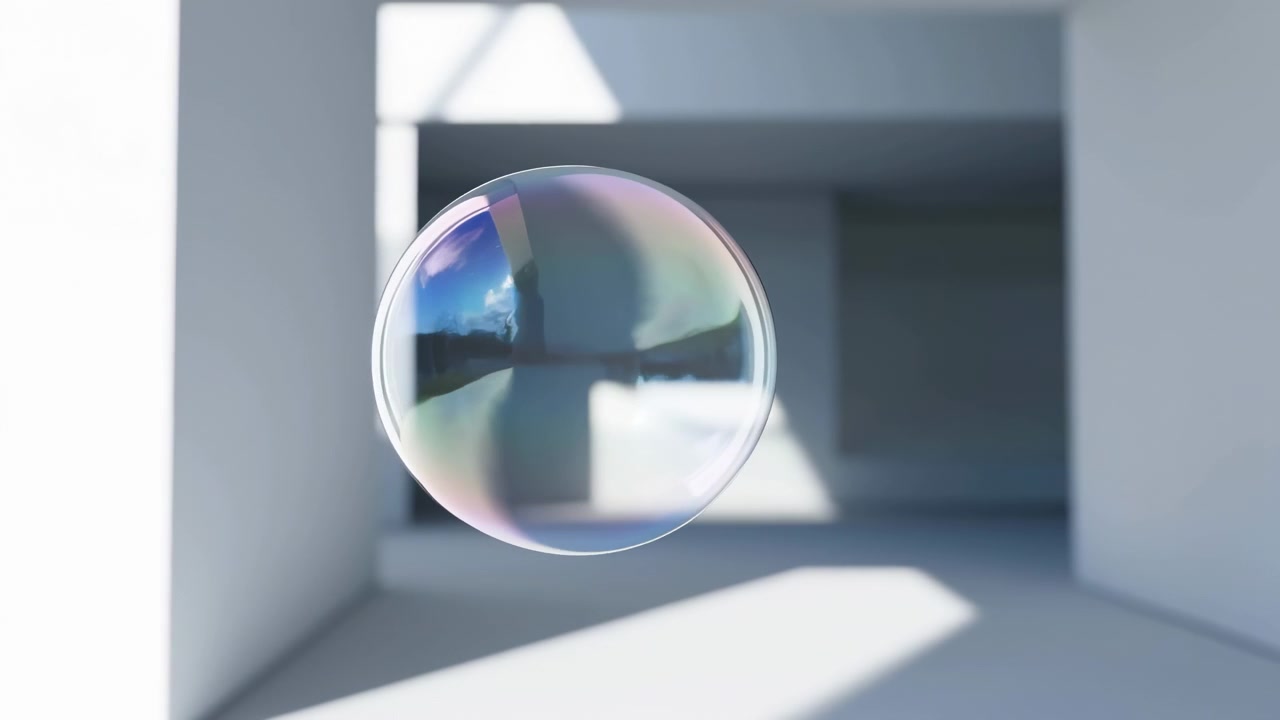 Transparent soap bubble drifts through minimal sunlit interior, its thin surface showing vivid iridescent bands, mirrorlike reflections, soft shadows, and airy calm, with bubble, soap, translucent