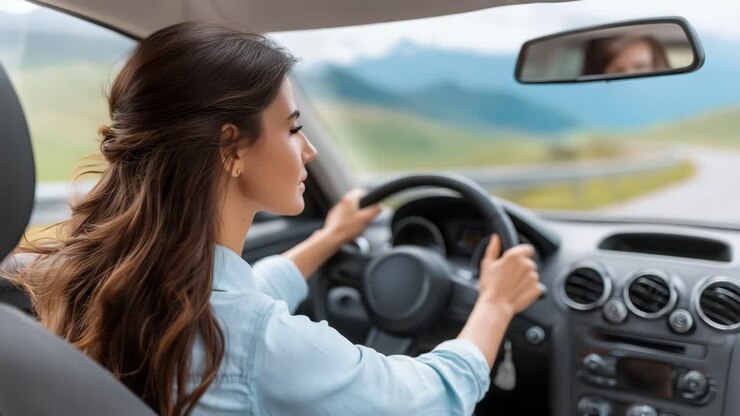 Donna alla guida di un'auto su una strada di montagna