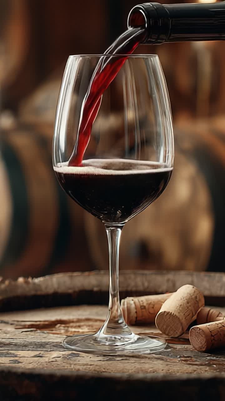 Un ricco vino rosso versato in un elegante bicchiere su uno sfondo rustico con botti, che cattura l'essenza della raffinatezza e del sapore in ogni sorso