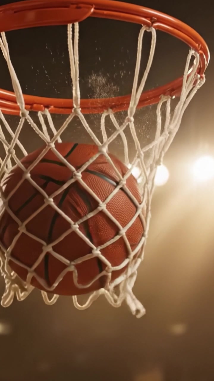 Uma visão em close-up de uma cesta de basquete, com a rede intrincadamente tecida, suspensa sob as luzes brilhantes da arena, capturando a essência da emoção nos esportes.
