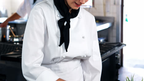chef sonriente cortando cebollas en la cocina
