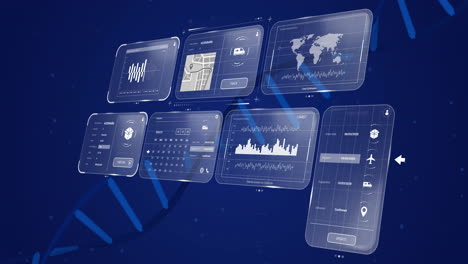 animation of digital interface displaying data charts and maps on blue background