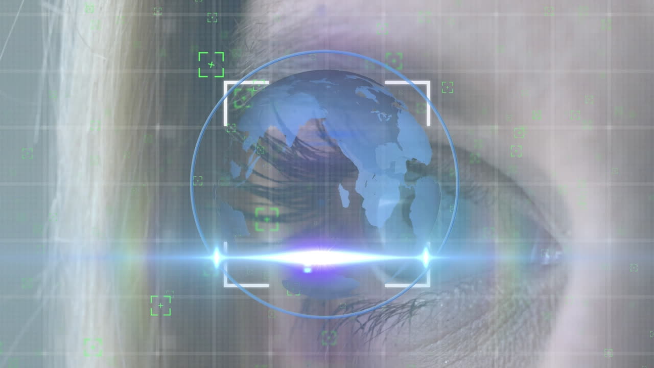 animación del ojo femenino caucásico que se centra en la luz que pasa a través de un globo giratorio