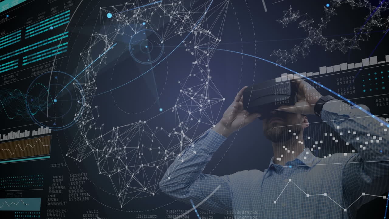 Using virtual reality headset, man exploring digital data and network connections