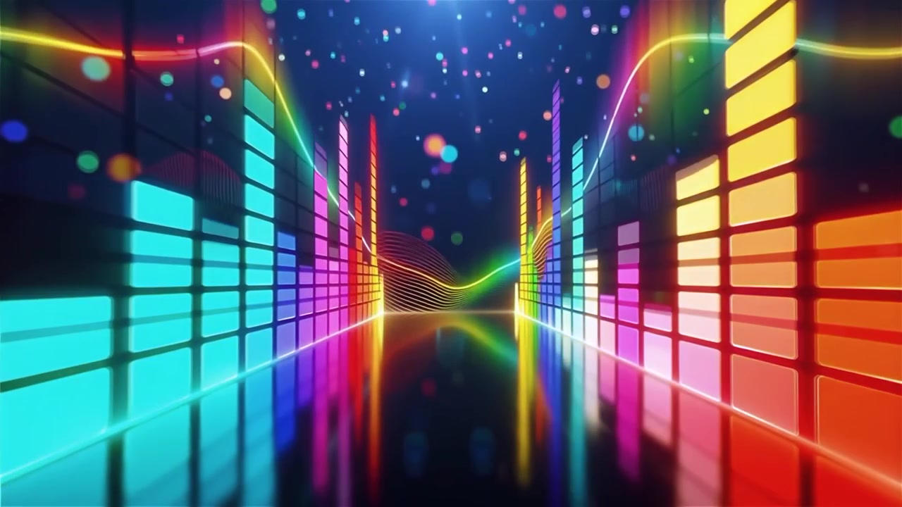 Sfondo visualizzatore equalizzatore musicale neon arcobaleno futuristico.