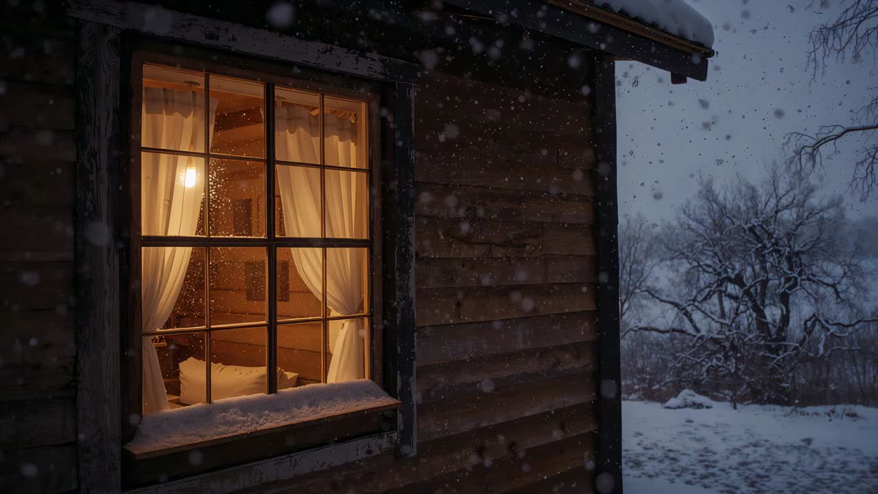 Falling snow crossing cabin window and wall at cabin, revealing bed, lamp, curtains, string lights