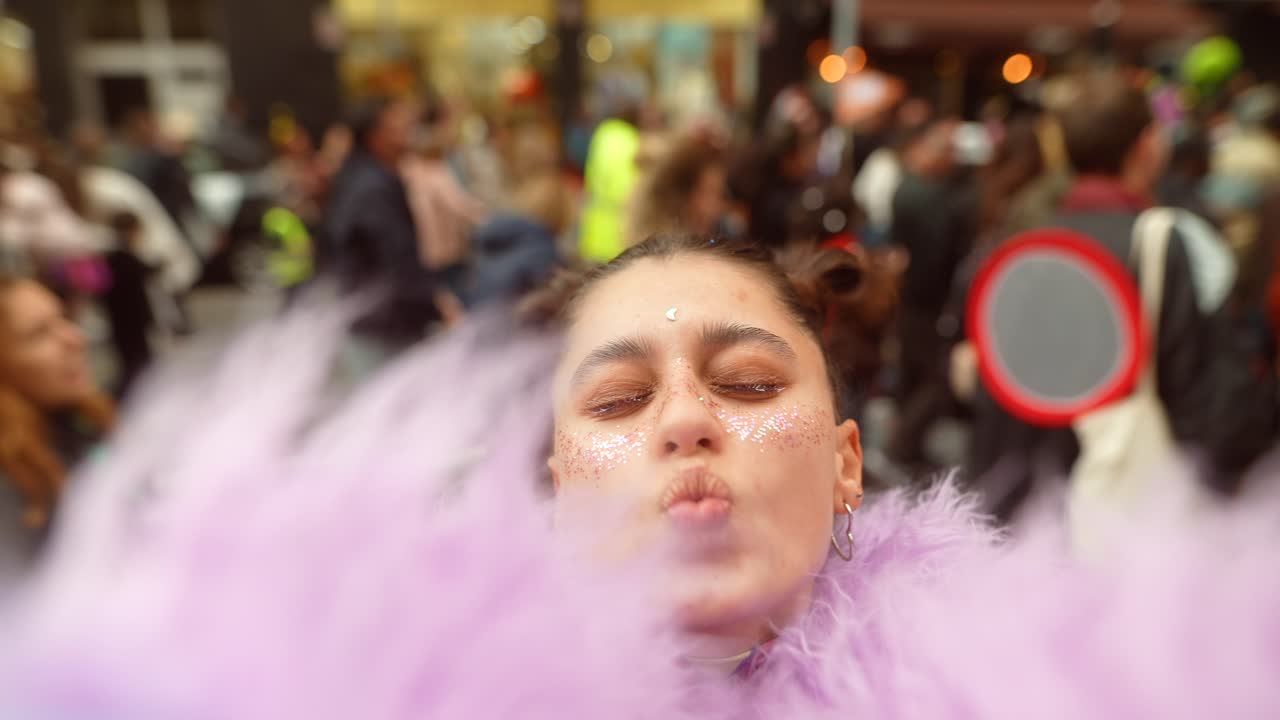 Joyful Young Woman with Glitter Makeup and Purple Boa